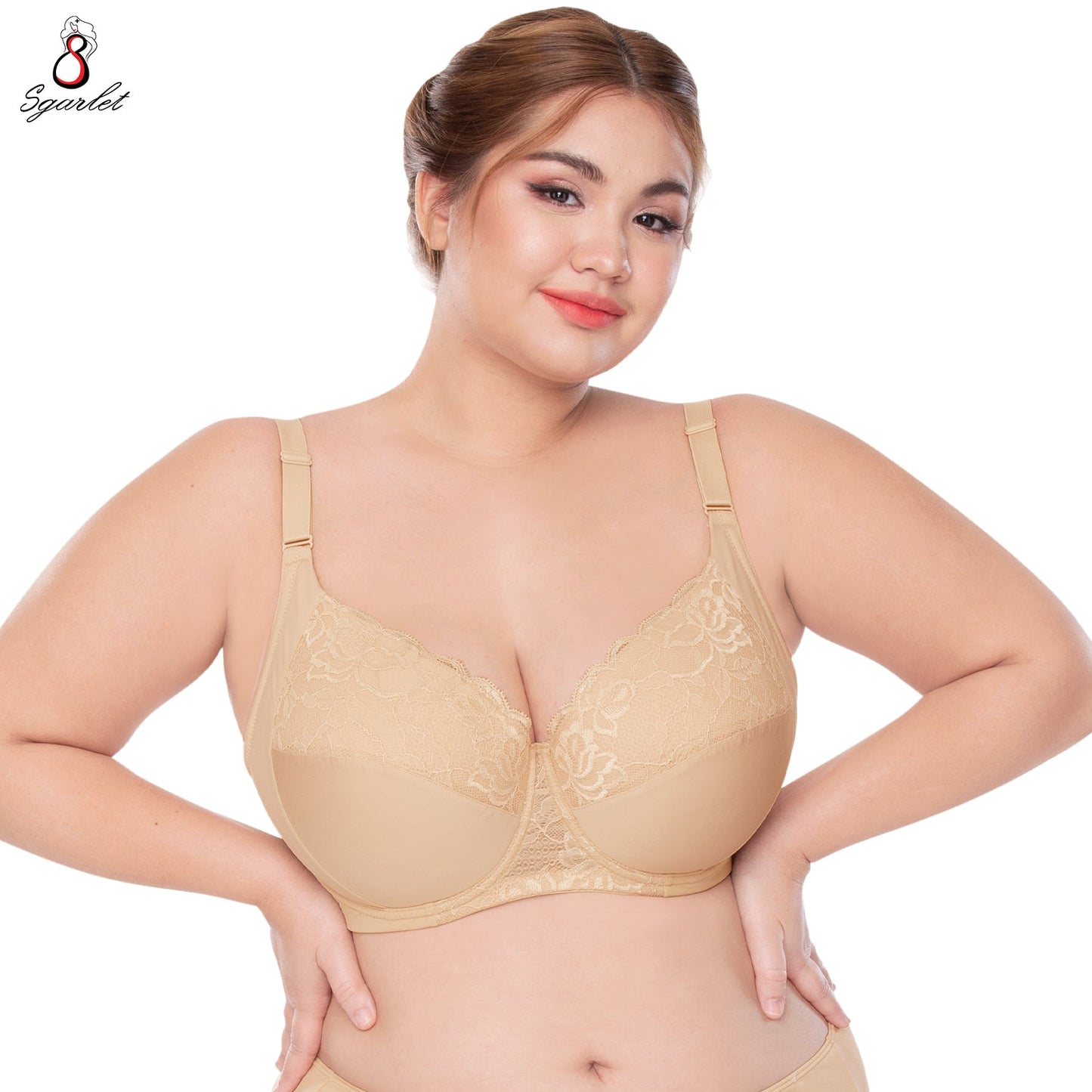 SGARLET PLUSSIZE Lace bra เสื้อในมีโครง สาวอวบ ลายลูกไม้ สีชาเย็น สีเนื้อ รุ่น MB1734
