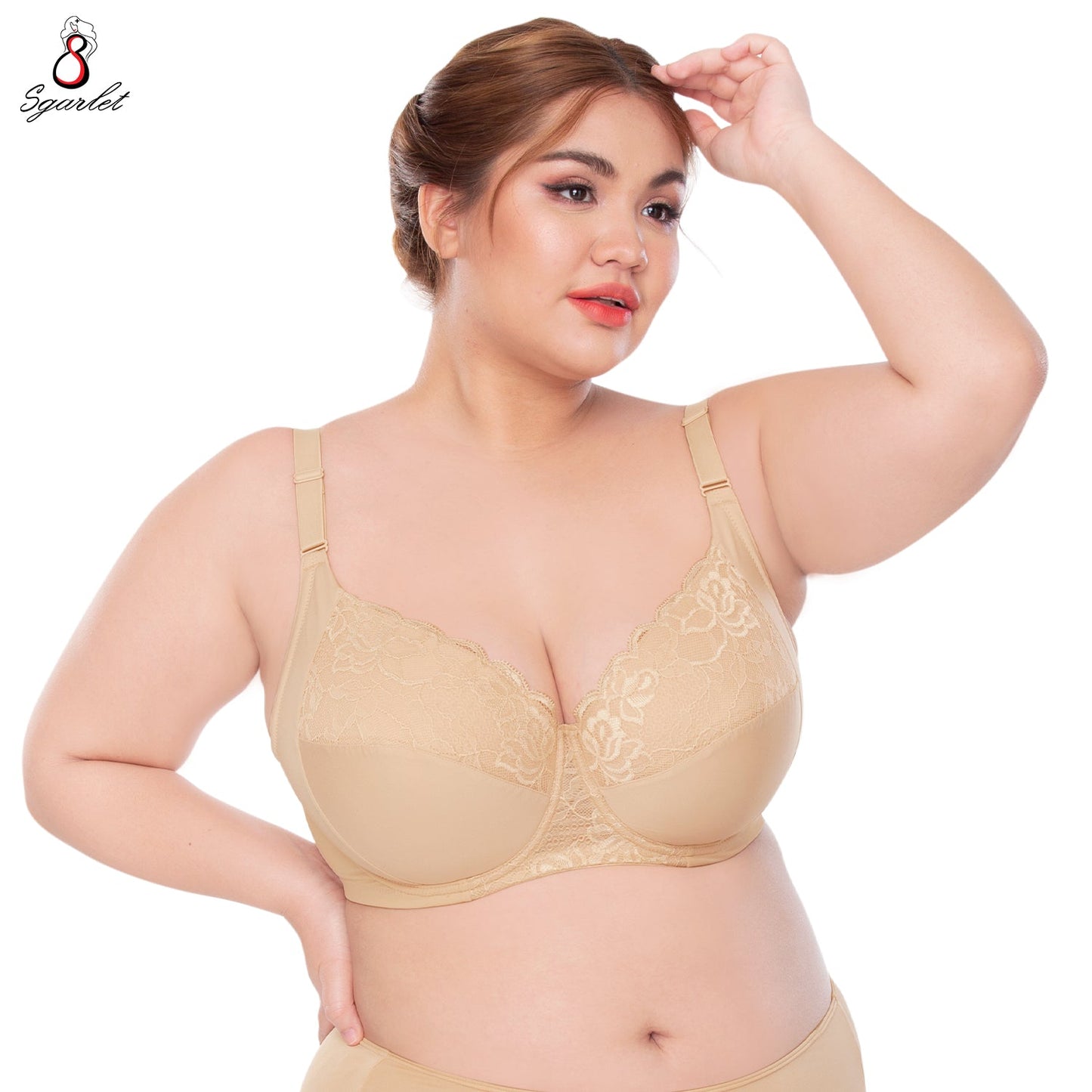 SGARLET PLUSSIZE Lace bra เสื้อในมีโครง สาวอวบ ลายลูกไม้ สีชาเย็น สีเนื้อ รุ่น MB1734
