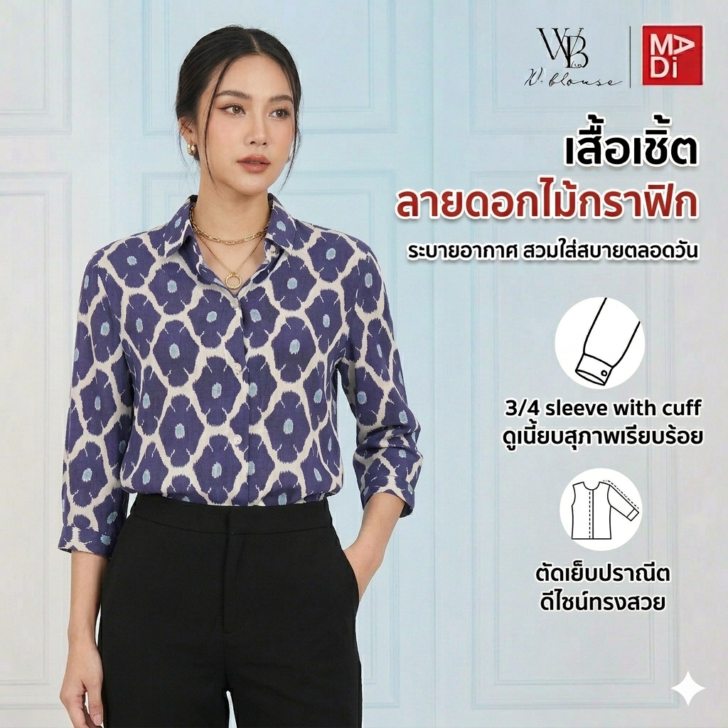 WB Lines II - เสื้อเชิ้ตดีไซน์เรียบหรู ทรงสุภาพ ลายดอกไม้กราฟิก สีน้ำเงินเข้ม รุ่น VY62070