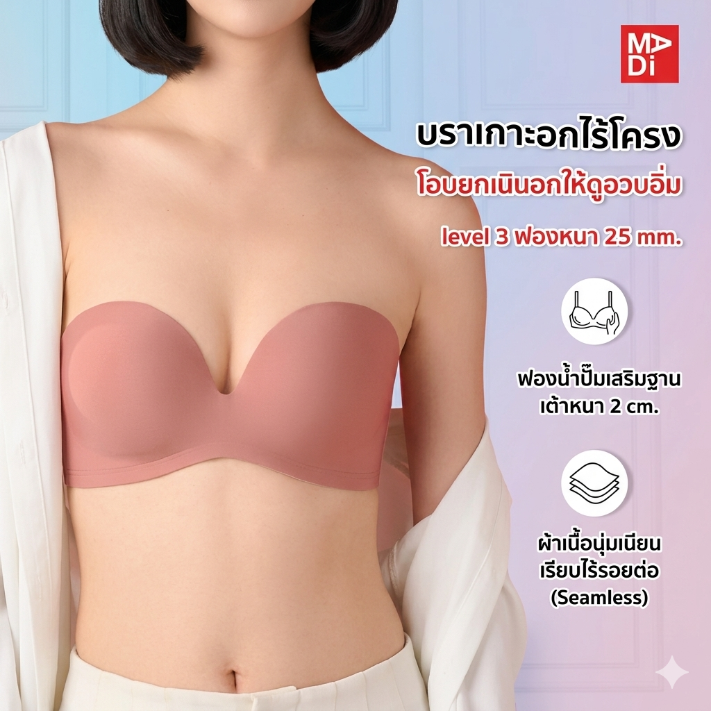 B'ME (BE-U Collection) เสื้อในไร้โครงเกาะอก ถอดสายได้ ฟองน้ำหนา สีชมพู สีน้ำตาล สีดำ สีขาว สีเนื้อ สีกรม รุ่น ME1701