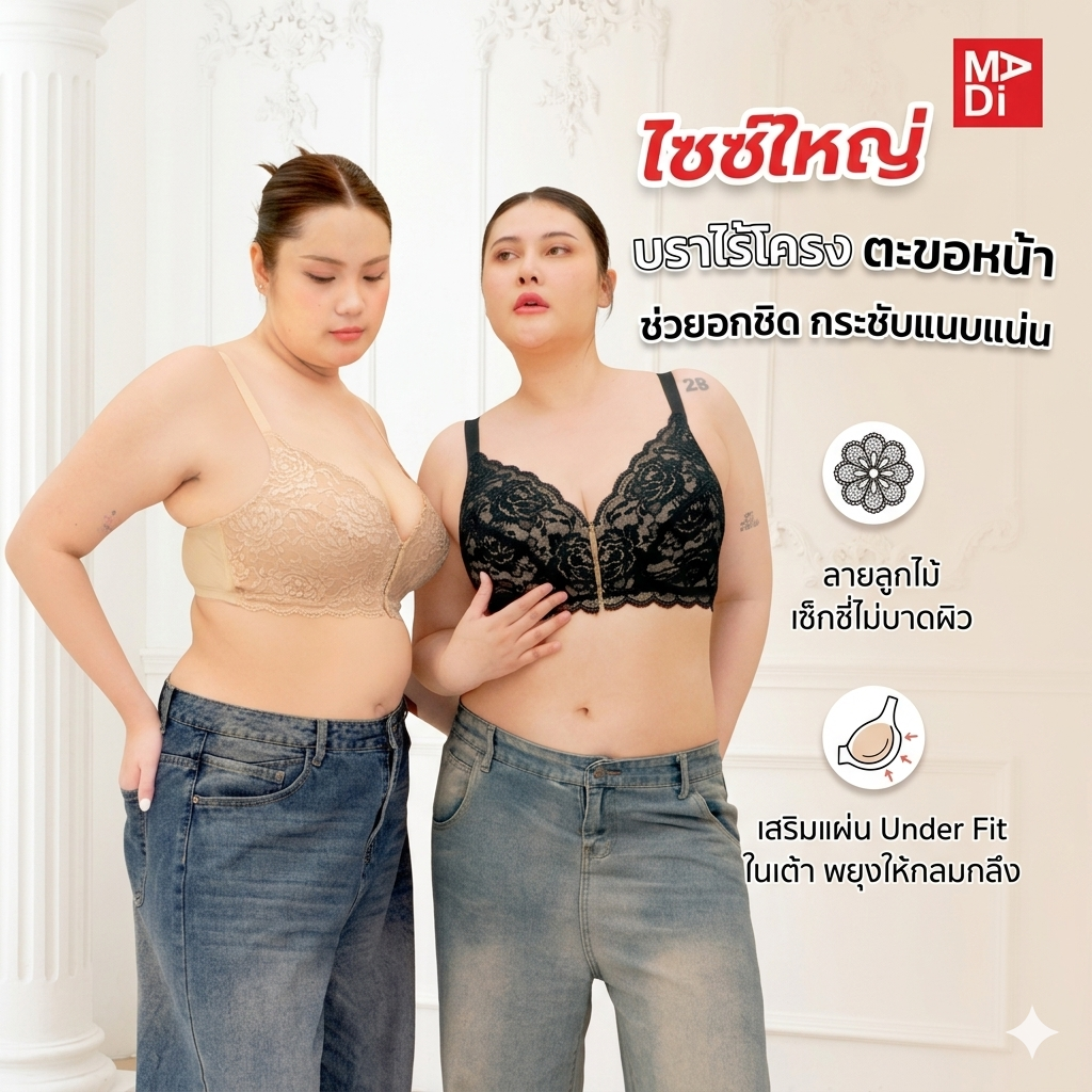 SGARLET PLUSSIZE เสื้อในไร้โครง สาวอวบ ตะขอหน้า ลายลูกไม้ สีดำ สีเนื้อ MB1523