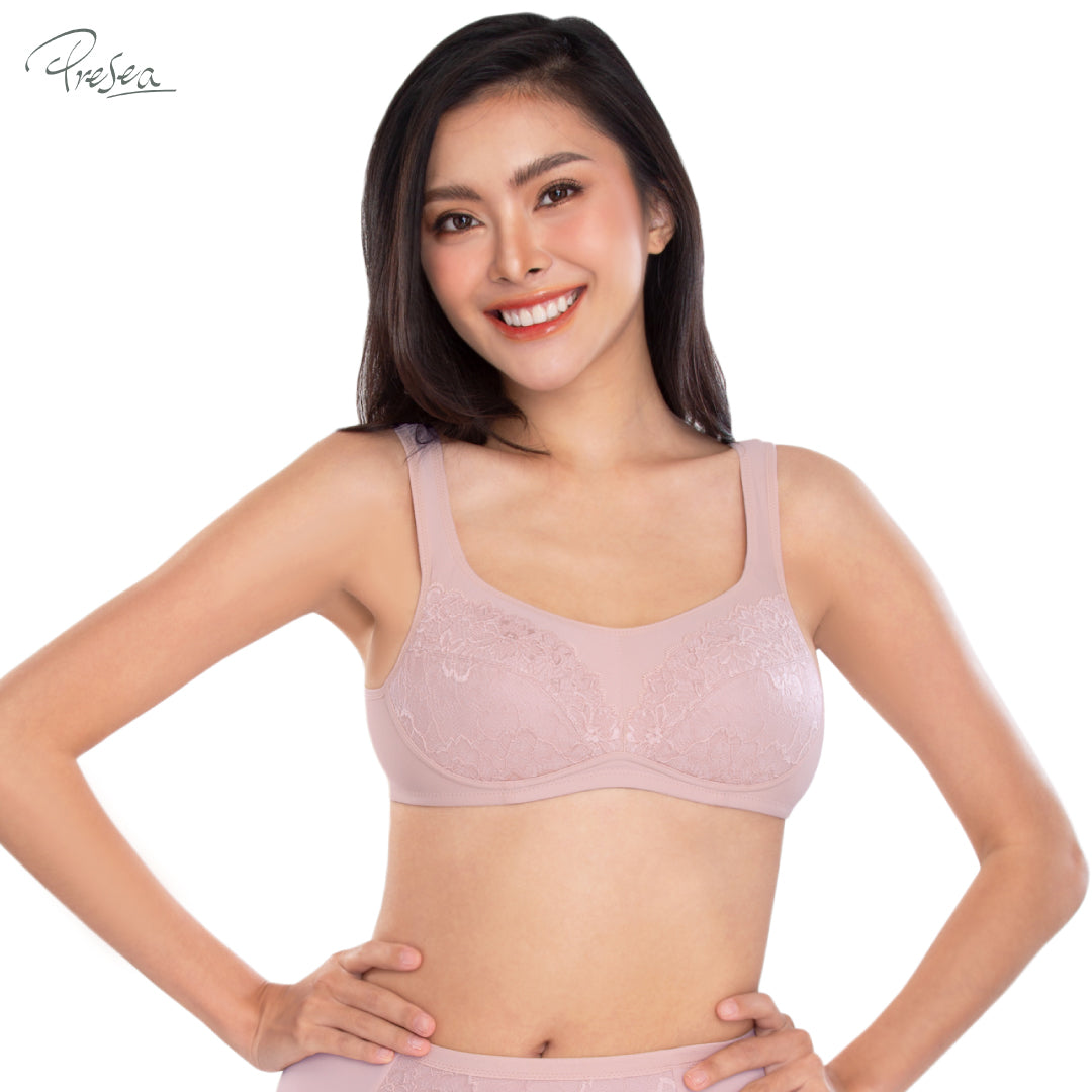 PRESEA SOFTBRA Wireless lace bra เสื้อในไร้โครง ลายลูกไม้ สีเนื้อ สีม่วงอ่อน สีน้ำเงิน สีดำ รุ่น MA1503