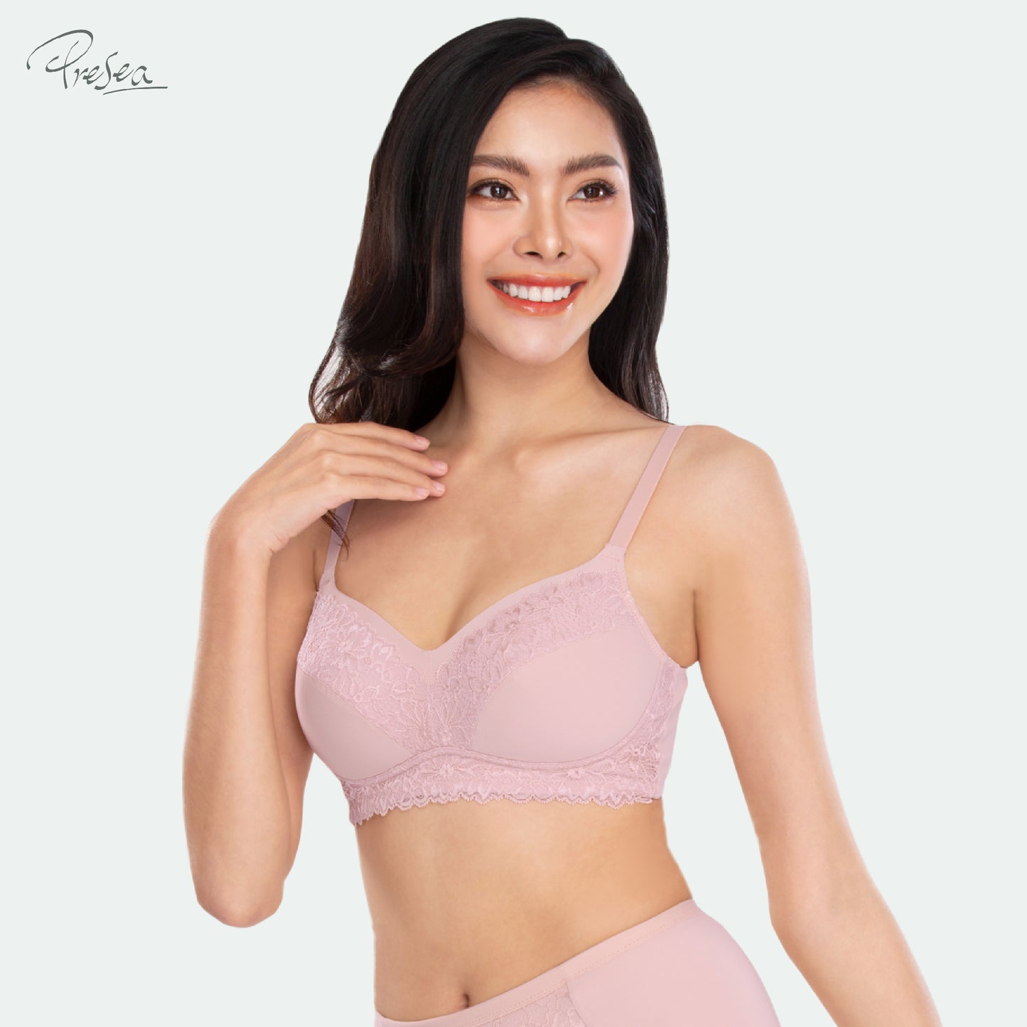 PRESEA SOFTBRA Lace bra เสื้อในไร้โครง ลายลูกไม้ สีเนื้อ สีม่วงอ่อน รุ่น MA1505