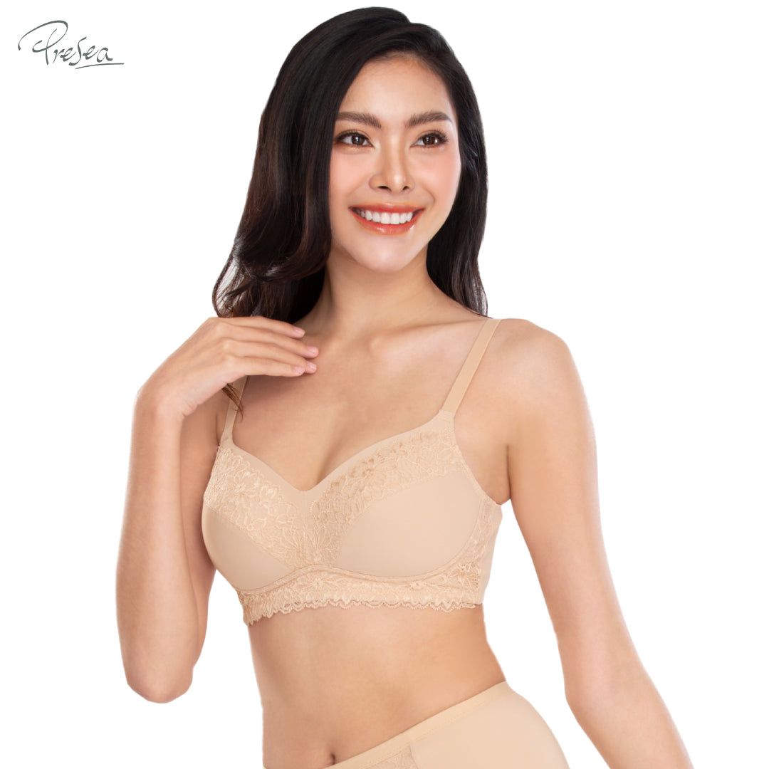 PRESEA SOFTBRA Lace bra เสื้อในไร้โครง ลายลูกไม้ สีเนื้อ สีม่วงอ่อน รุ่น MA1505