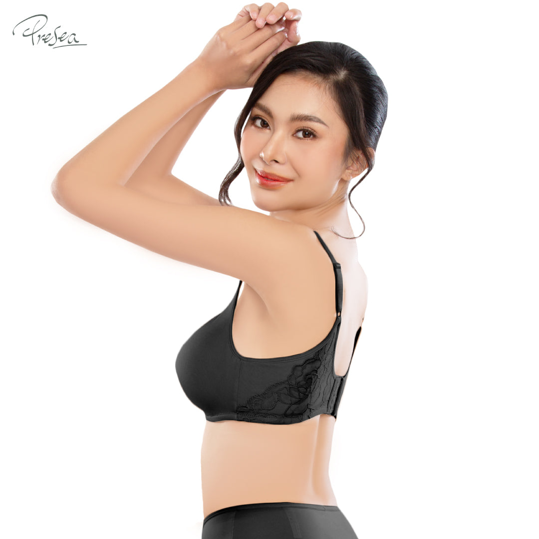 PRESEA SOFTBRA Wireless lace bra เสื้อในไร้โครง ลายลูกไม้ด้านหลัง สีดำ สีเนื้อ สีกุหลาบป่า รุ่น MA1510