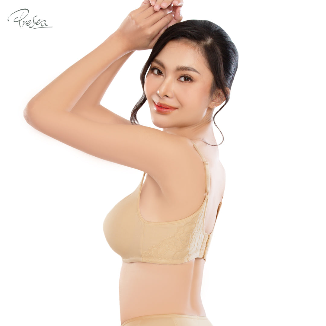 PRESEA SOFTBRA Wireless lace bra เสื้อในไร้โครง ลายลูกไม้ด้านหลัง สีดำ สีเนื้อ สีกุหลาบป่า รุ่น MA1510