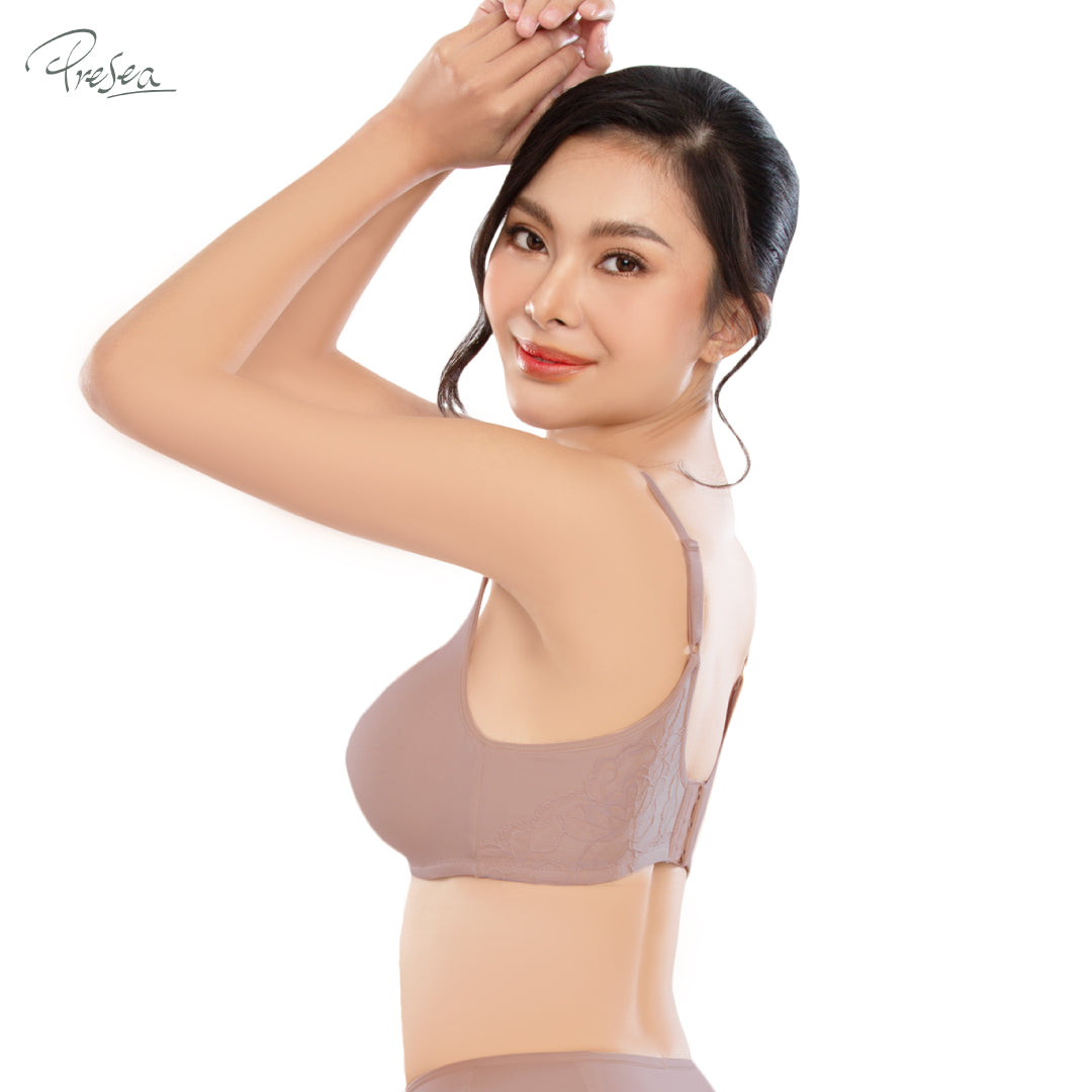 PRESEA SOFTBRA Wireless lace bra เสื้อในไร้โครง ลายลูกไม้ด้านหลัง สีดำ สีเนื้อ สีกุหลาบป่า รุ่น MA1510