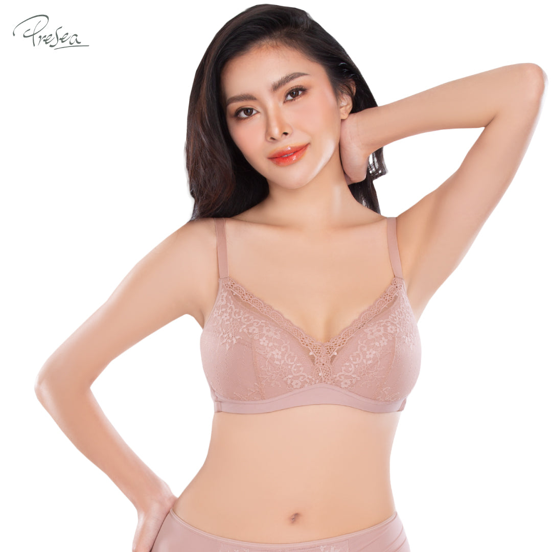 PRESEA SOFTBRA Beauty lace bra เสื้อในไร้โครง ลายลูกไม้ สีดำ สีเทา สีกุหลาบป่า รุ่น MA1512