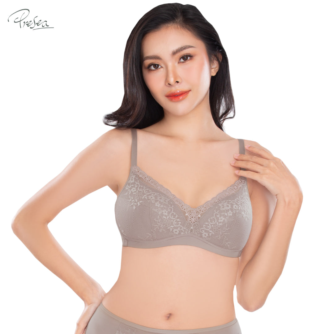 PRESEA SOFTBRA Beauty lace bra เสื้อในไร้โครง ลายลูกไม้ สีดำ สีเทา สีกุหลาบป่า รุ่น MA1512