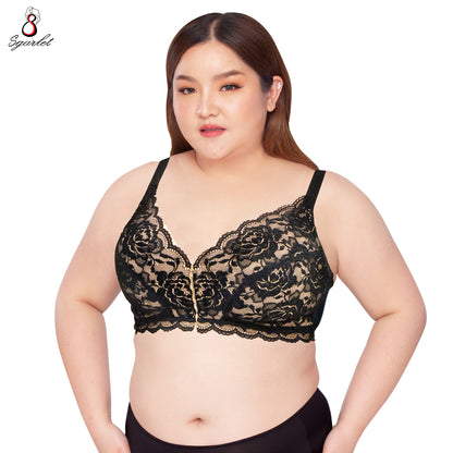 SGARLET PLUSSIZE เสื้อในไร้โครง สาวอวบ ตะขอหน้า ลายลูกไม้ สีดำ สีเนื้อ MB1523