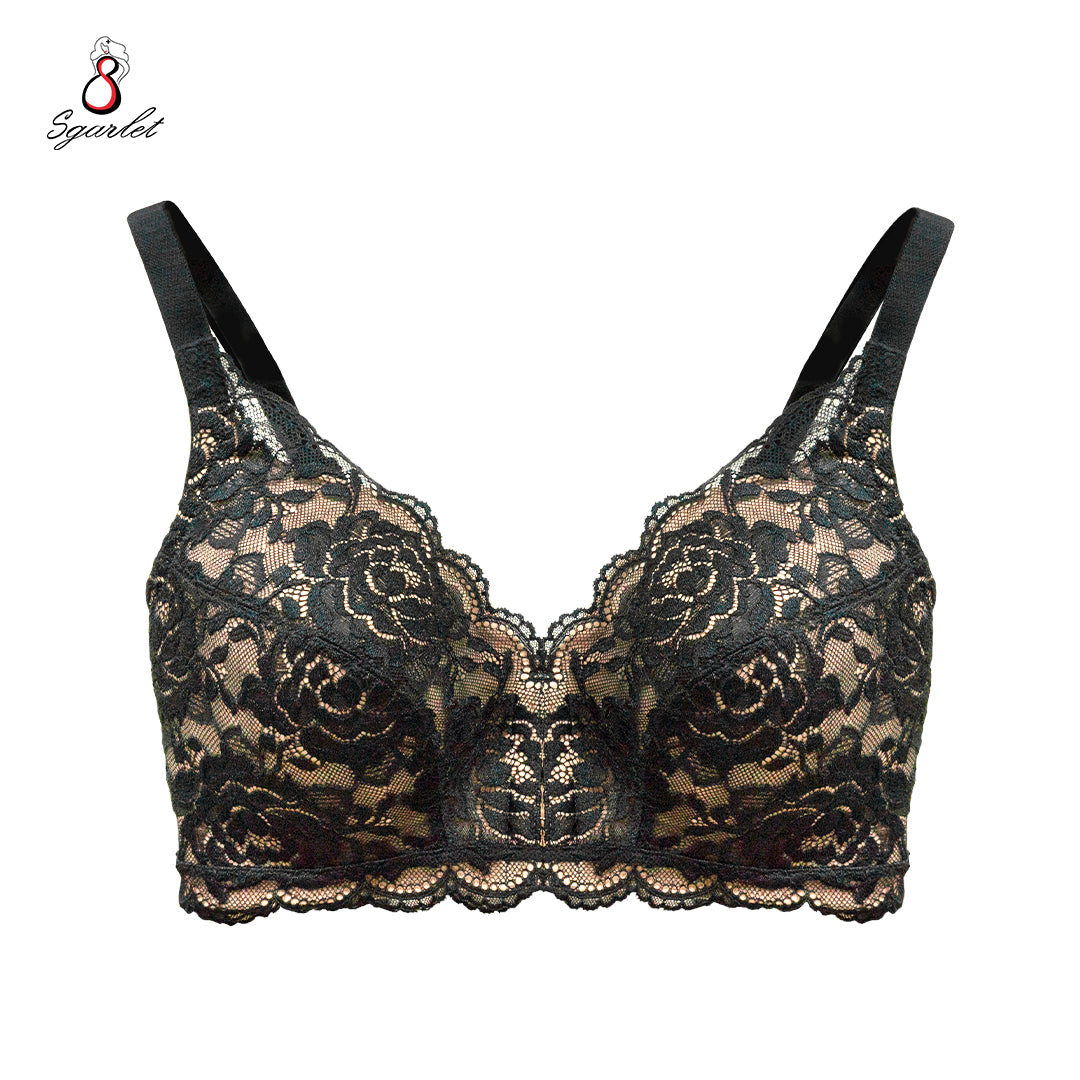 SGARLET PLUSSIZE เสื้อในไร้โครง สาวอวบ ตะขอหน้า ลายลูกไม้ สีดำ สีเนื้อ MB1523