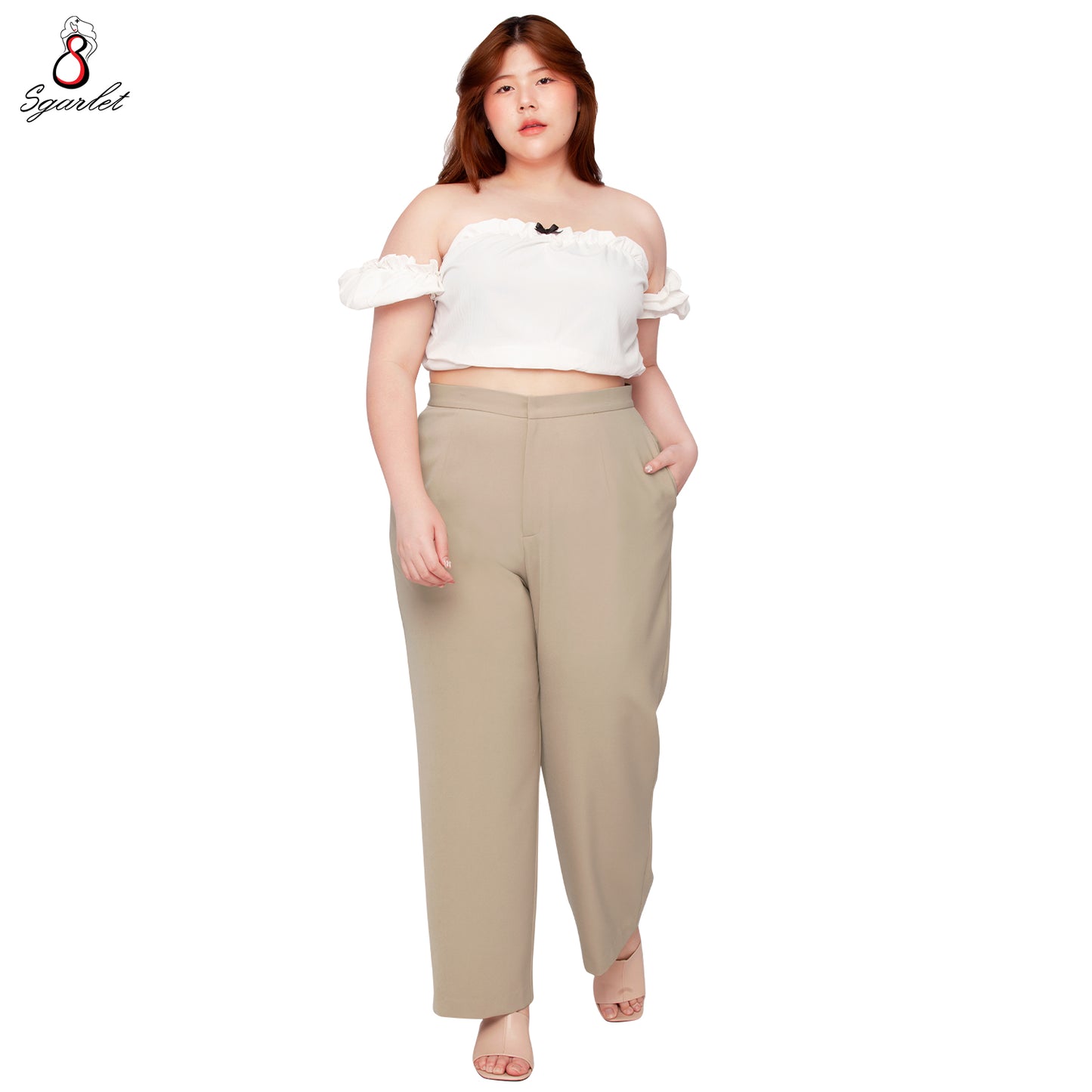 SGARLET PLUSSIZE กางเกงขายาวไซส์ใหญ่ทรงสอบสลิม ตีเกล็ดหน้าและหลัง สีดำ/กากี FLW091