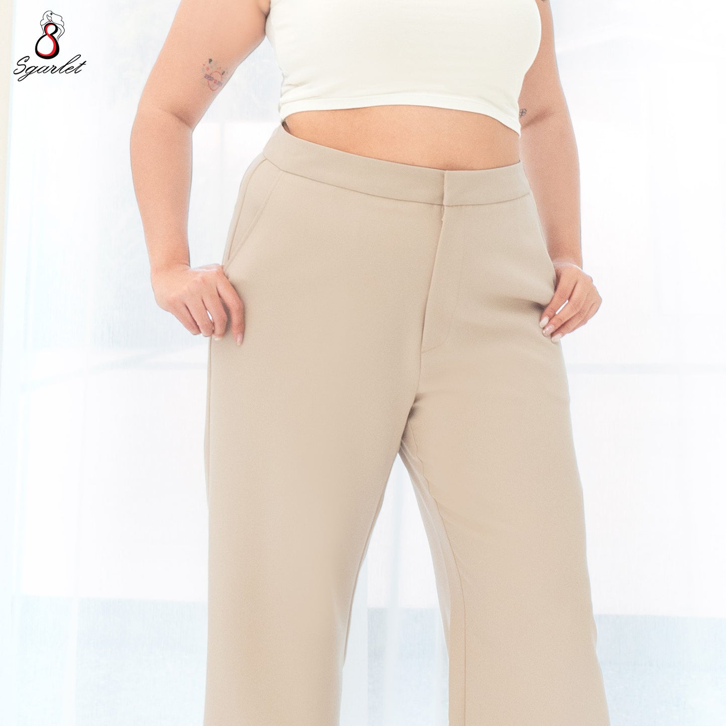 SGARLET PLUSSIZE กางเกงขายาวไซส์ใหญ่ทรงขาตรง ใส่แล้วเพรียวสมส่วน ผ้านุ่ม สีเบจ/ดำ FLW088