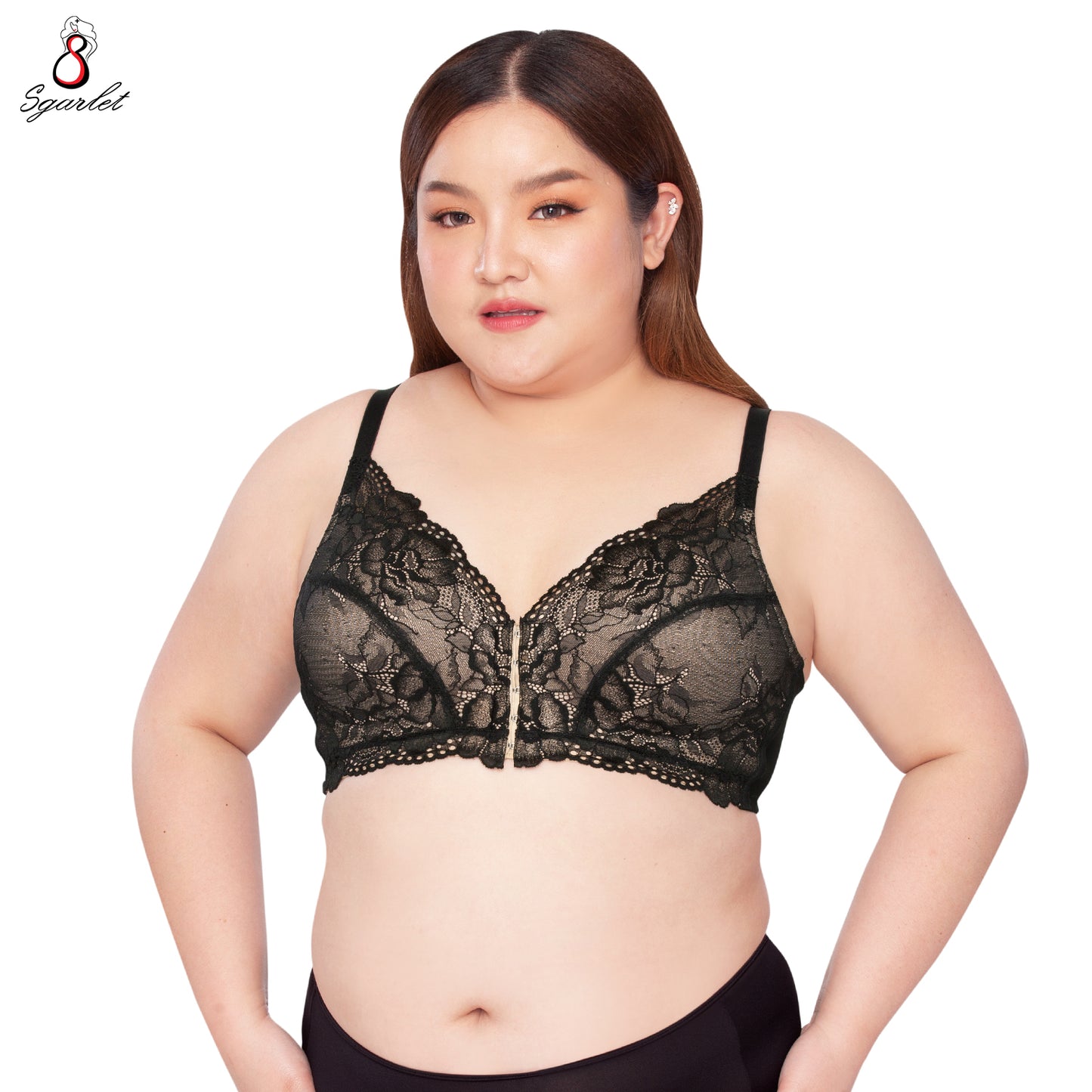 SGARLET PLUSSIZE เสื้อในไร้โครง สาวอวบ ตะขอหน้า ลายลูกไม้ สีดำ สีเนื้อ MB1523