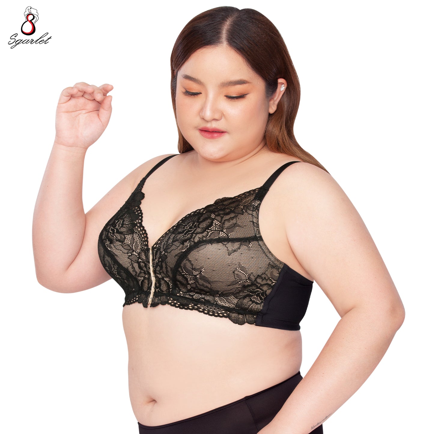 SGARLET PLUSSIZE เสื้อในไร้โครง สาวอวบ ตะขอหน้า ลายลูกไม้ สีดำ สีเนื้อ MB1523