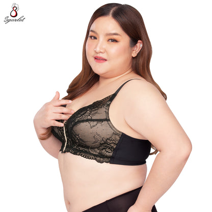 SGARLET PLUSSIZE เสื้อในไร้โครง สาวอวบ ตะขอหน้า ลายลูกไม้ สีดำ สีเนื้อ MB1523