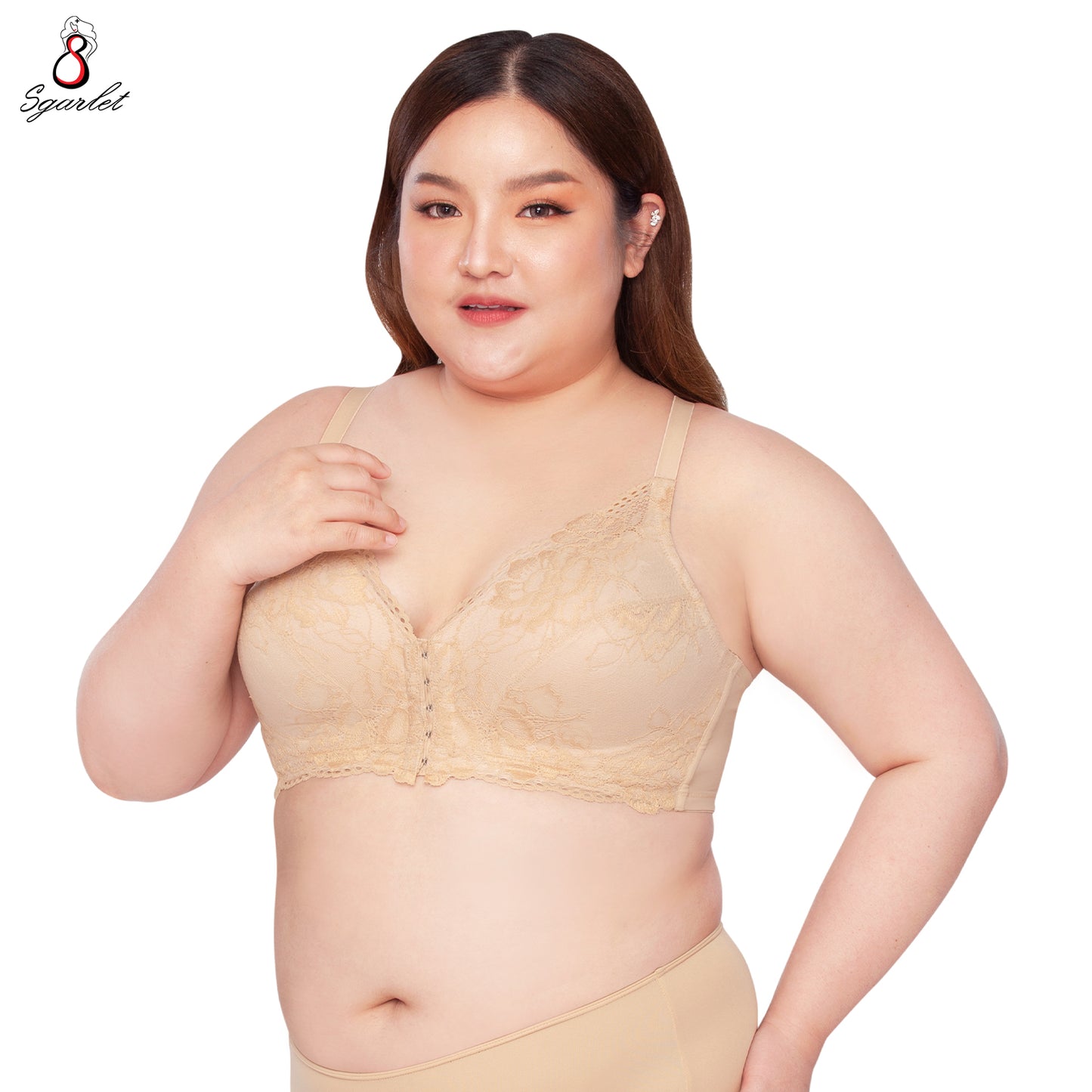 SGARLET PLUSSIZE เสื้อในไร้โครง สาวอวบ ตะขอหน้า ลายลูกไม้ สีดำ สีเนื้อ MB1523