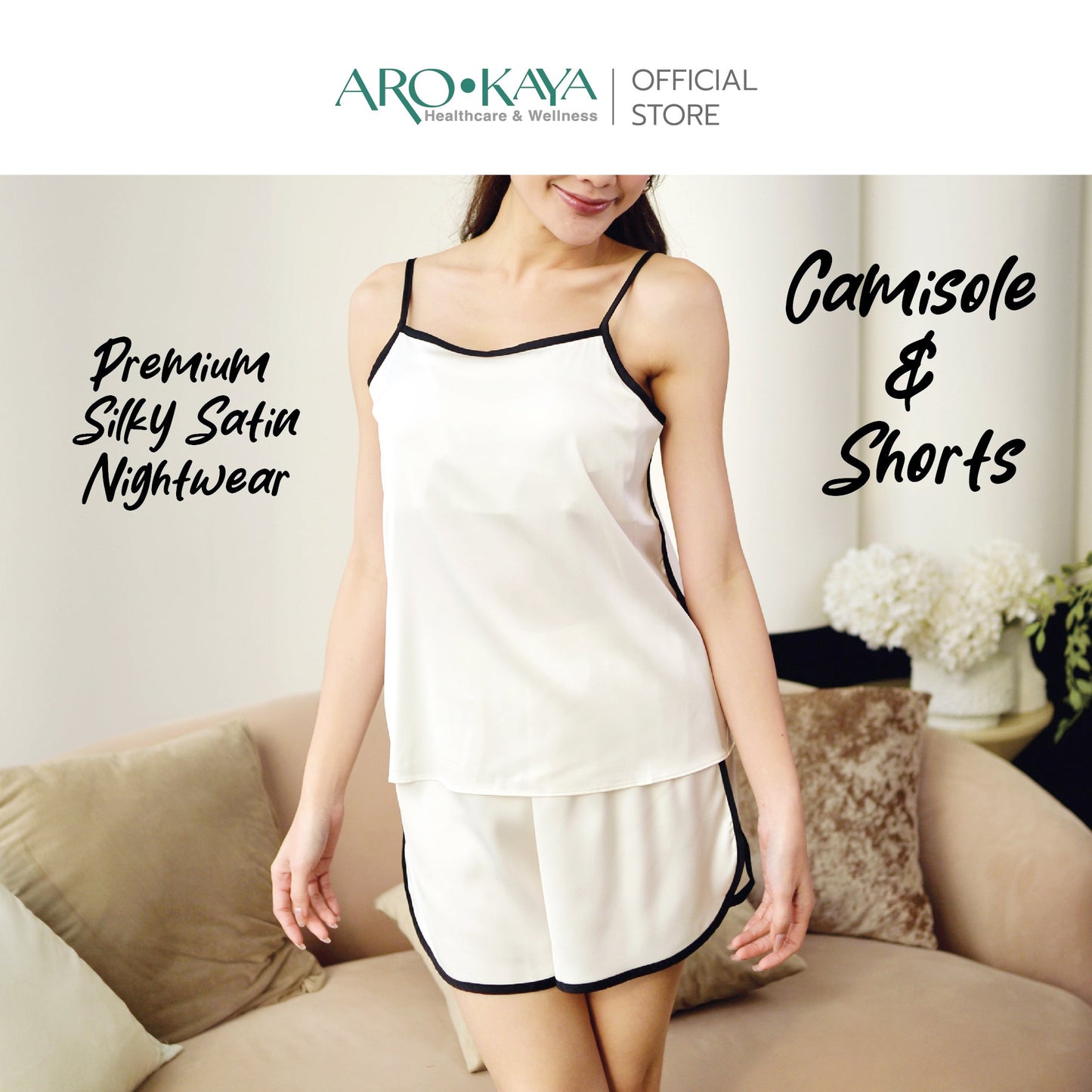 AROKAYA SILKY SATIN CAMISOLE AND SHORTS - LYLA ชุดนอนซาตินพรีเมียม ชุดนอนสายเดี่ยวและกางเกงขาสั้น รุ่น AC2503