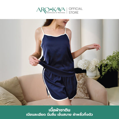 AROKAYA SILKY SATIN CAMISOLE AND SHORTS - LYLA ชุดนอนซาตินพรีเมียม ชุดนอนสายเดี่ยวและกางเกงขาสั้น รุ่น AC2503