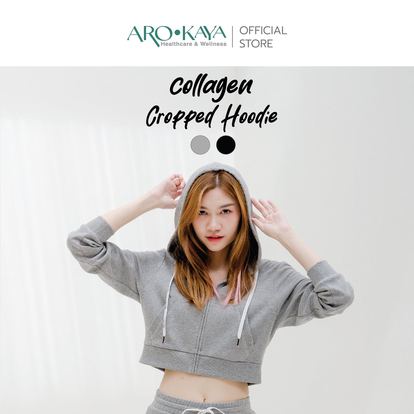 AROKAYA COLLAGEN CROPPED HOODIE เสื้อฮู้ดทรงครอปป้องกันรังสี UV สีเทา สีดำ รุ่น AC3801