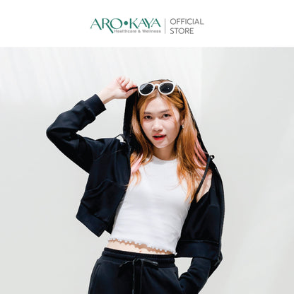 AROKAYA COLLAGEN CROPPED HOODIE เสื้อฮู้ดทรงครอปป้องกันรังสี UV สีเทา สีดำ รุ่น AC3801