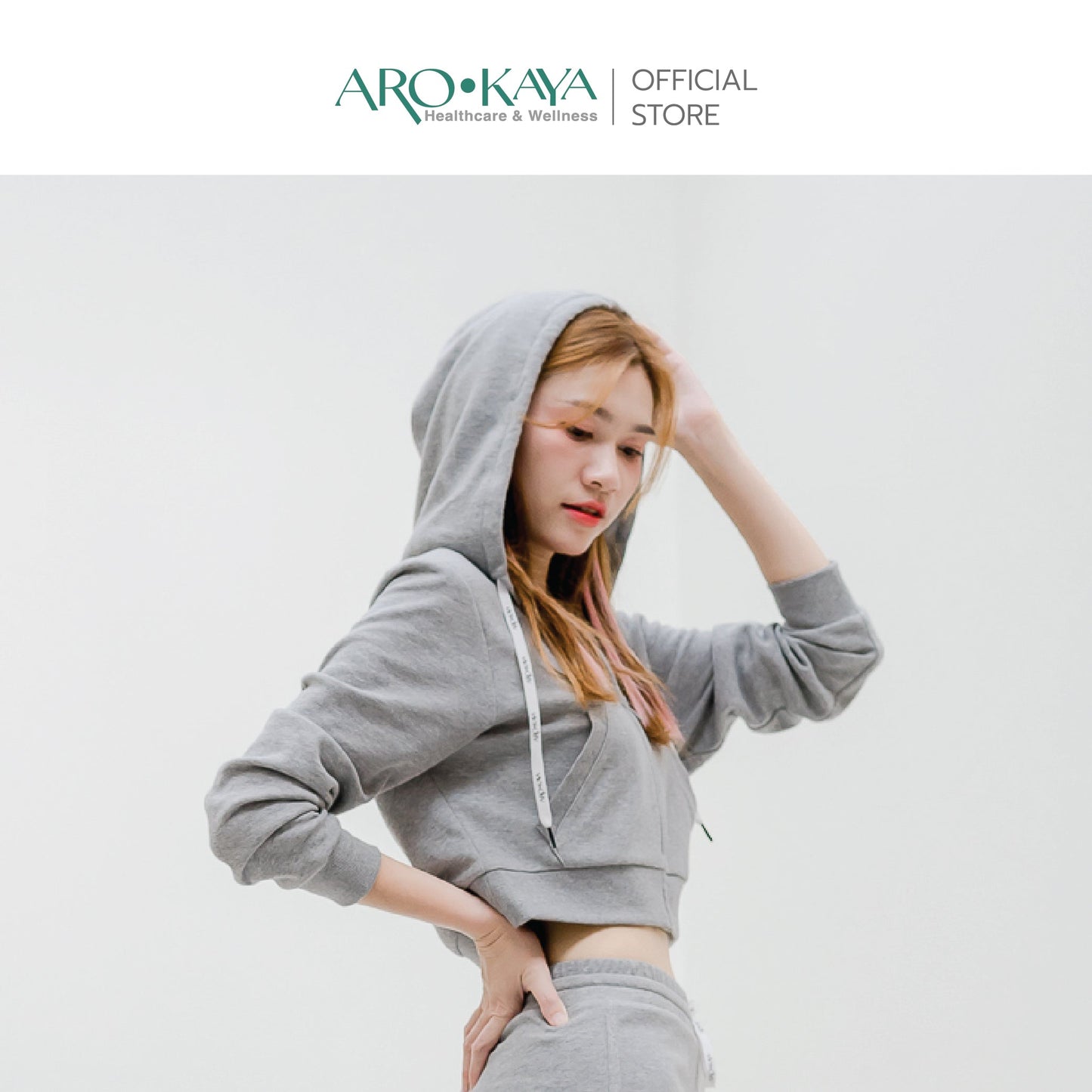 AROKAYA COLLAGEN CROPPED HOODIE เสื้อฮู้ดทรงครอปป้องกันรังสี UV สีเทา สีดำ รุ่น AC3801