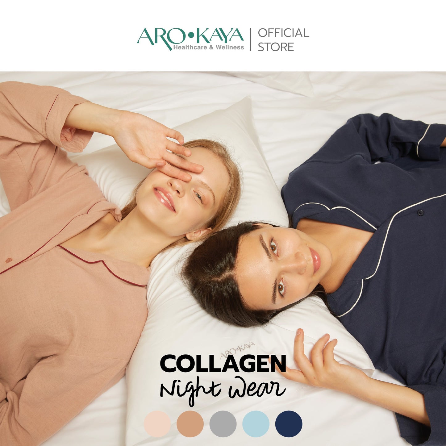 AROKAYA COLLAGEN NIGHTWEAR ชุดนอนคลอลาเจนเสื้อและกางเกง สีชมพูอ่อน สีชมพูกะปิ สีเทา สีฟ้า สีน้ำเงินเข้ม รุ่น AC2502