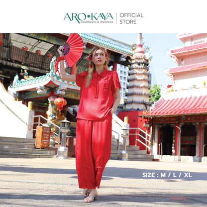 AROKAYA Silky Satin Nightwear Qipao Shirt & Pants Premium ชุดนอนซาตินพรีเมียม เสื้อเชิ้ตกี่เพ้าและกางเกงขายาว สีแดง รุ่น AC2505