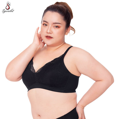 SGARLET PLUSSIZE Wireless bra เสื้อในไร้โครง สาวอวบ ลายลูกไม้ สีพีโอนี สีดำ รุ่น MB1516