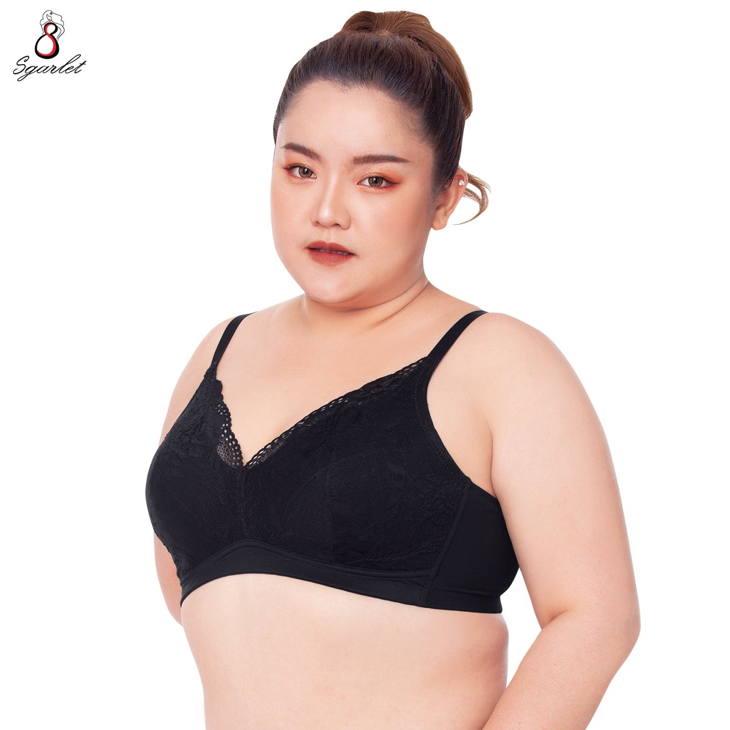 SGARLET PLUSSIZE Wireless bra เสื้อในไร้โครง สาวอวบ ลายลูกไม้ สีพีโอนี สีดำ รุ่น MB1516