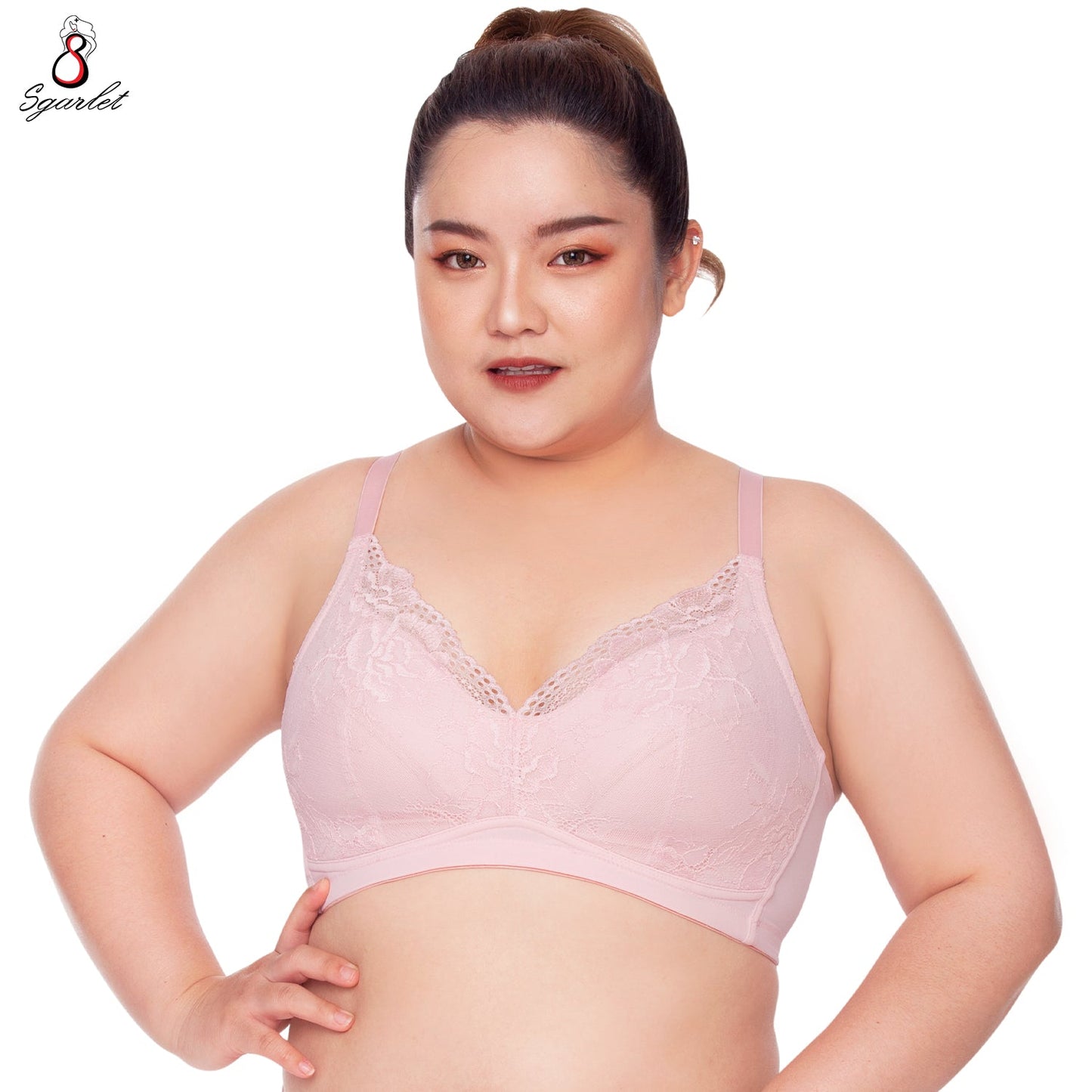 SGARLET PLUSSIZE Wireless bra เสื้อในไร้โครง สาวอวบ ลายลูกไม้ สีพีโอนี สีดำ รุ่น MB1516