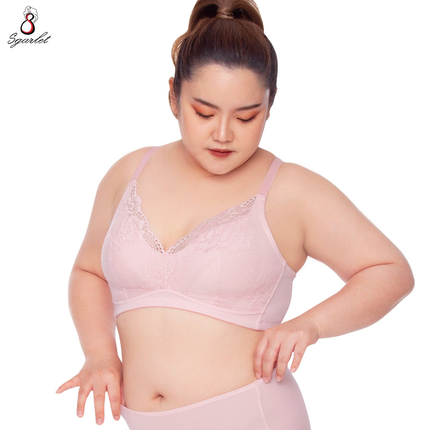 SGARLET PLUSSIZE Wireless bra เสื้อในไร้โครง สาวอวบ ลายลูกไม้ สีพีโอนี สีดำ รุ่น MB1516